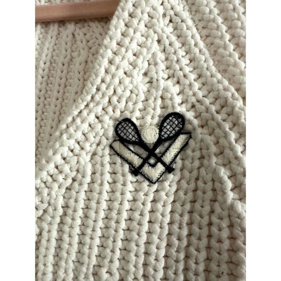 Maeve Anthropologie Old Money Cropped Tennis Patch Embroidered Cardigan Sweater - Picture 3 of 7